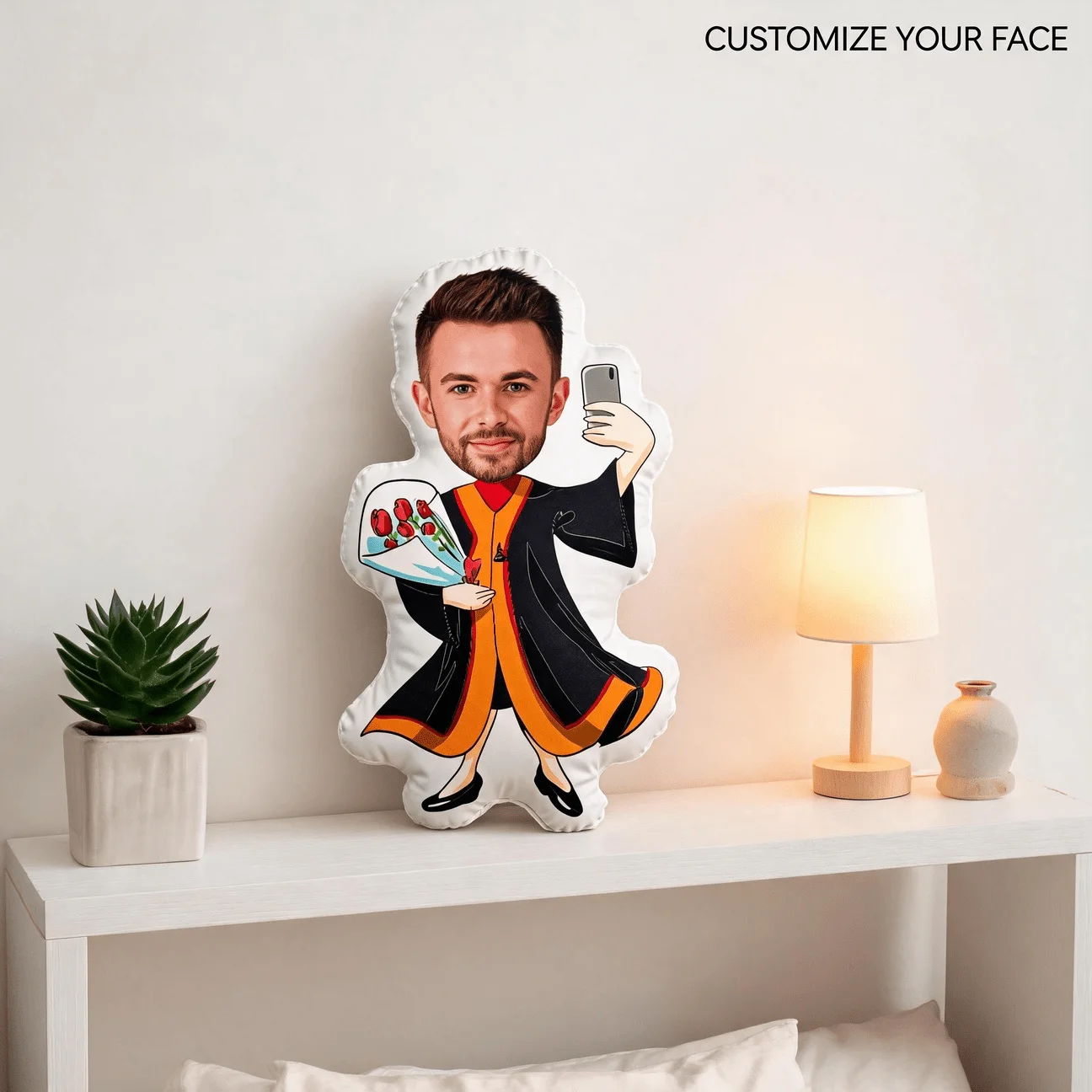 Custom Photo Graduation Gown Shaped Pillow, Personalized Face Taking Selfie with Flowers Decorative Cushion, 70cm Home Decor Acc