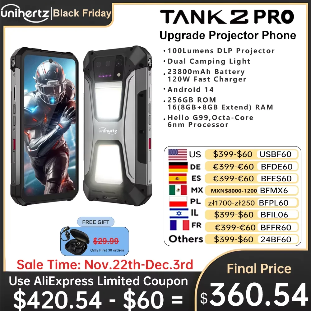 Unihertz tank 2 Pro 8849 rugged smartphone with projector 2.4K 23800 mAh 24GB + 512GB mobile phone Android 14 100MP NFC cell phone