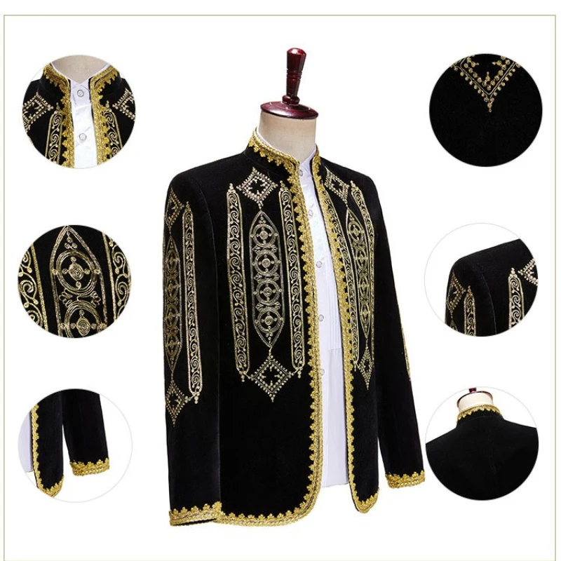 2026 Vintage Eur-Style Buckle-Free Flat Velvet Embroidered Palace Blazer for Men,Black Gold-plated Stage Performance Mens Jacket