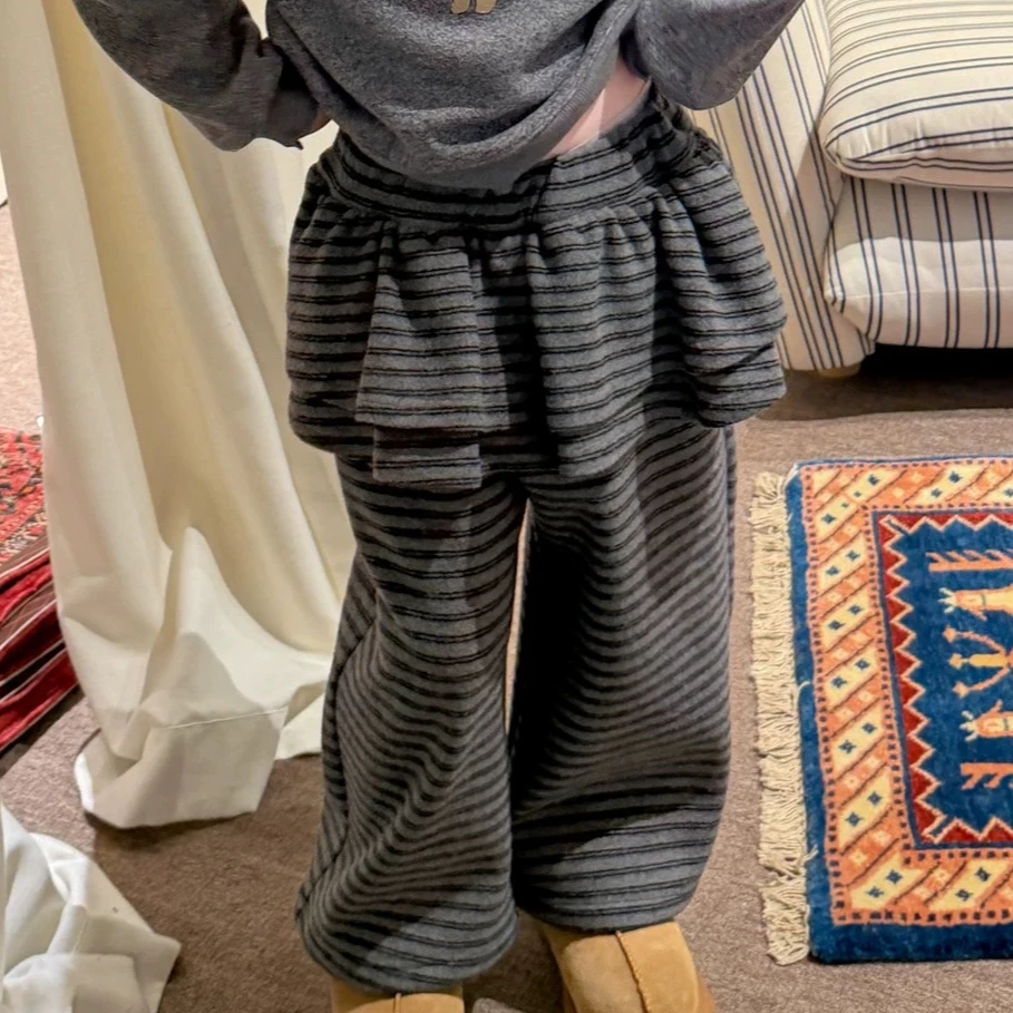 Girls Pants 2026 Autumn and Winter New Childrens Clothing Korean Style Girl Baby Casual Striped Fart Curtain Straight Tube Pants