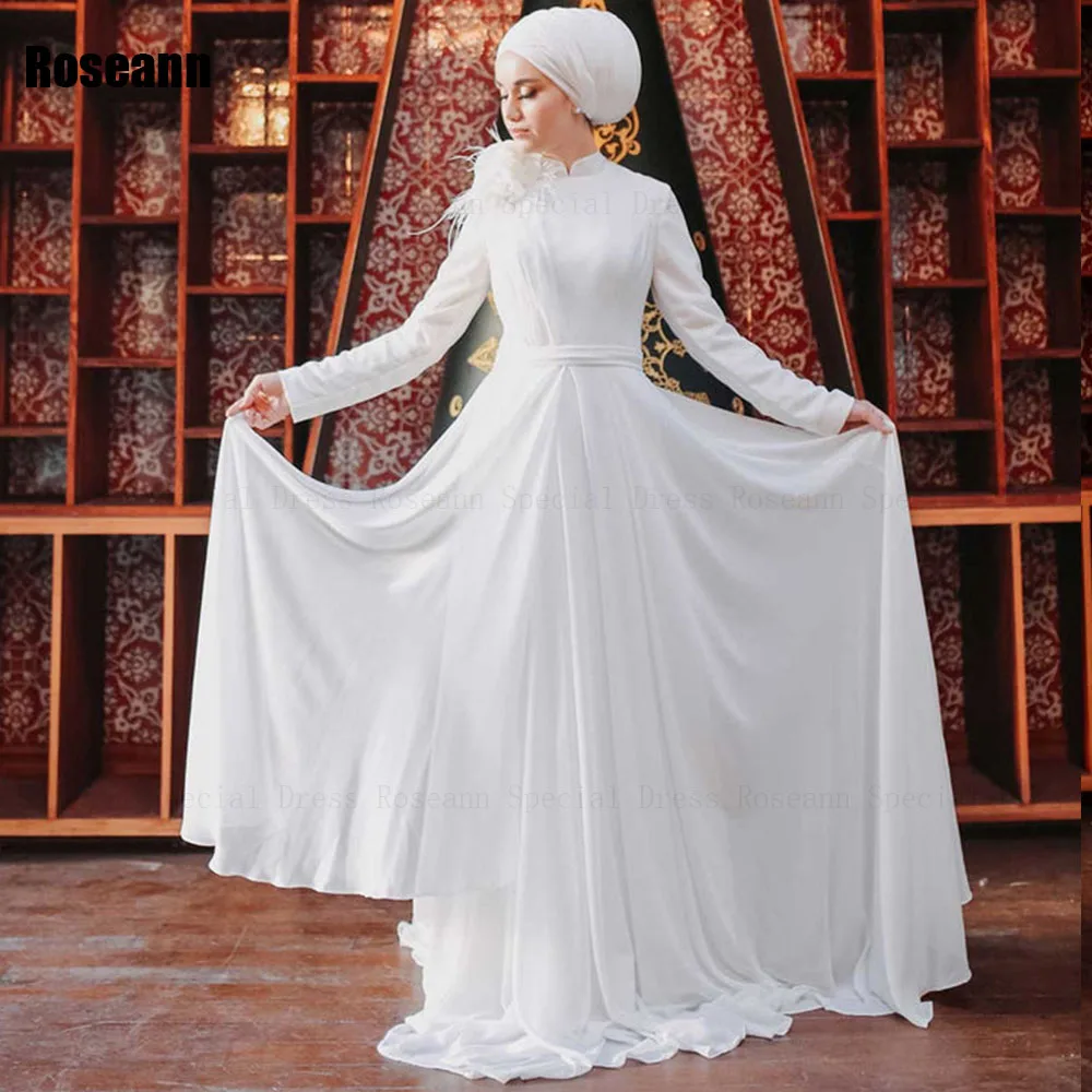 Muslim 2024 Design Exquisite  A-line Wedding Dresses High Collar Flowers Draped Pleat Floor Length Bride Dress robe de mariée