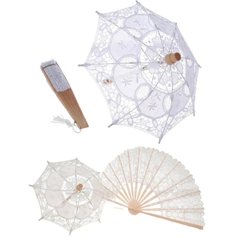 

Handhold Bridal Umbrella&Fan Set Lace Parasol Wedding Tool Decorative Umbrella Wedding Bridal Umbrellas for Photography