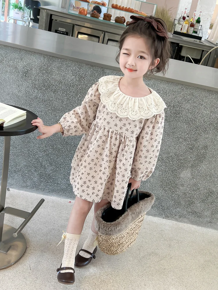 Brown Beige Floral Corduroy Dress For Girls Fall Spring Clothes Baby Little Girl Dresses Long Sleeve Lapel Lace Collar Dress