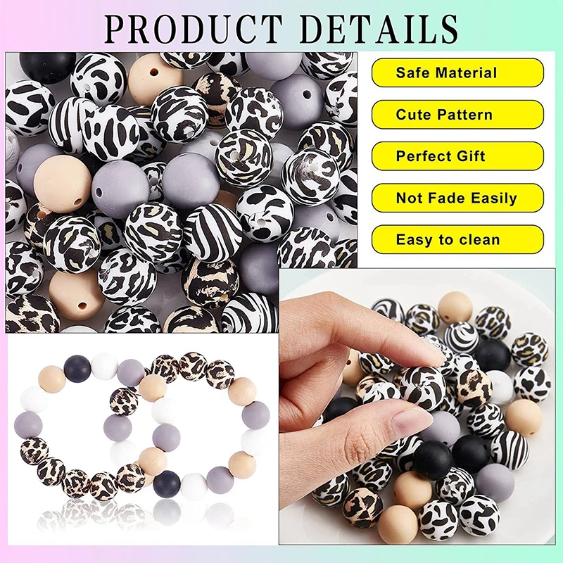 70PCS 15MM Round DIY Beads Cow Leopard Print Silicone Keychain Pen Jewelry Making Craft Supplies