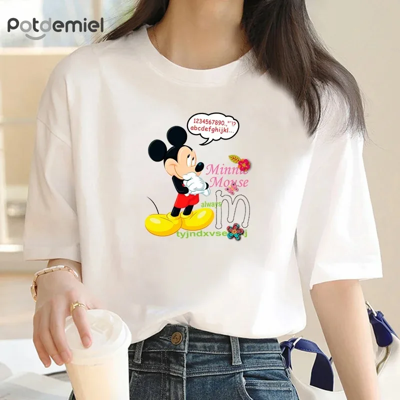 Happy Mickey Minnie Mouse Cartoon Printed T-shirt Street Wear Short Sleeve Birthday Gift Summer Style Crew Collar T-shirt Top