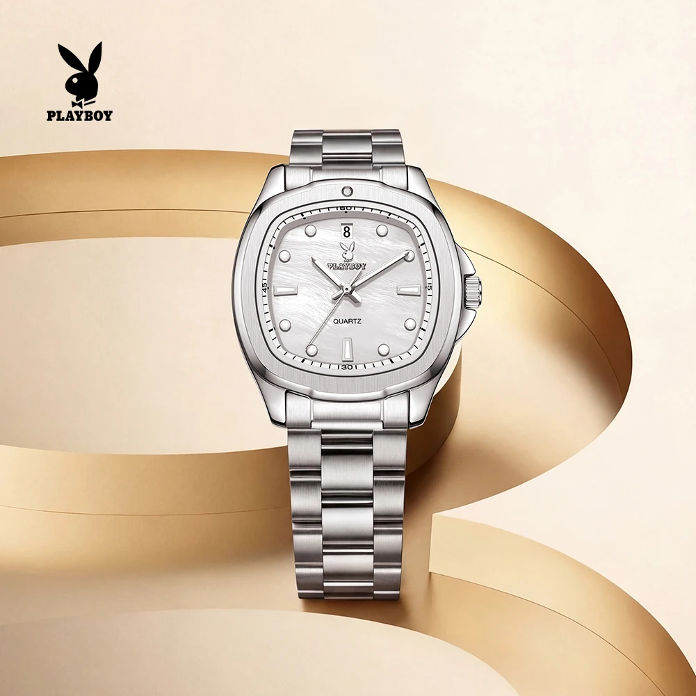 

PLAYBOY 3529 Elegance женские часы с маленьким квадратным циферблатом, ремешок из нержавеющей стали, дисплей даты, водонепроницаемые часы 30 м для женщин