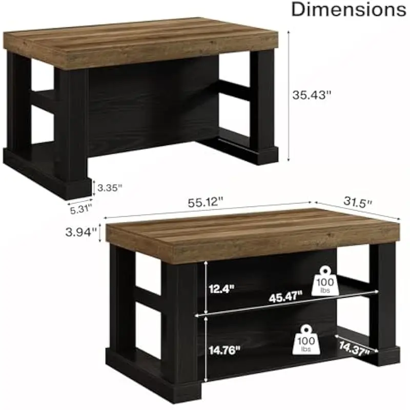 Farmhouse Kitchen Island Table 55 Inch Wide with Spacious Countertop and Two Open Shelving Tiers for Storage Dining Bar Prep Buf