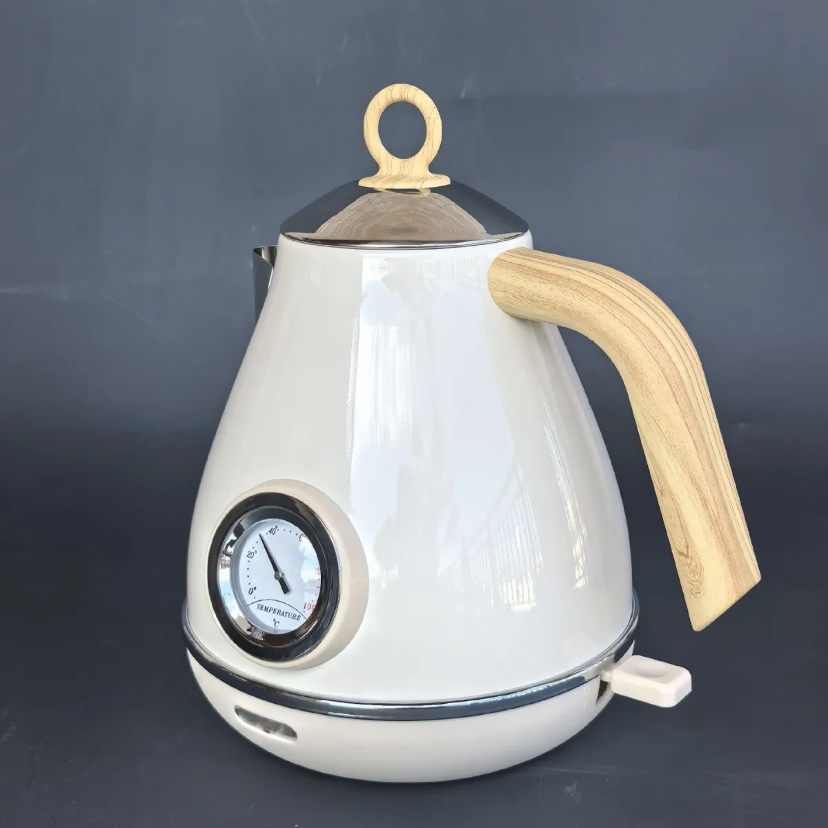 1,7 l Retro-Wasserkocher mit Holzmaserungsgriff, Heimkochkessel mit Thermometer, Teekanne aus Edelstahl 304, automatische Abschaltung, 1850 W