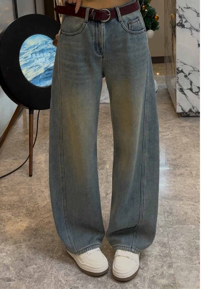 

Винтажные синие джинсы Xuanxuanchen с флисовой подкладкой, женские свободные джинсы-клеш, модные, на все сезоны, в корейском стиле