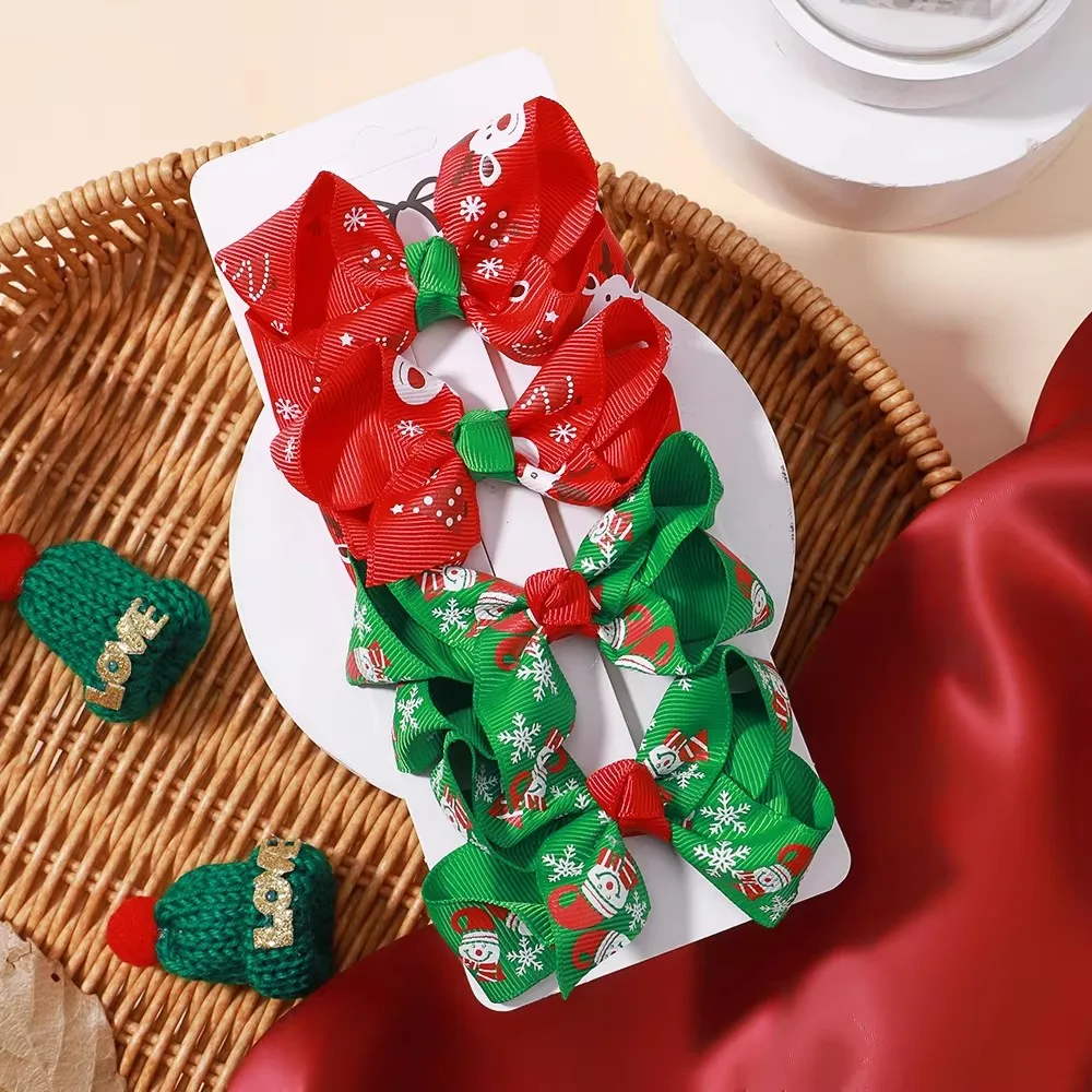 4Pcs/Set Chrismas Bowknot Hair Clip Childrens Holiday Party  Hairpins Santa Claus Socks  Dress Up  New Years Gift Set