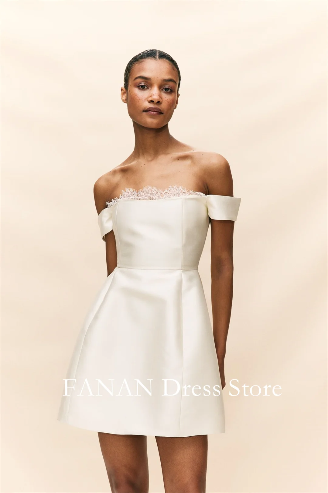 

Fanan Customized White Mini Short White A Line Off Shoulder Satin Vintage Elegant Wedding Dresses with Short Sleeves