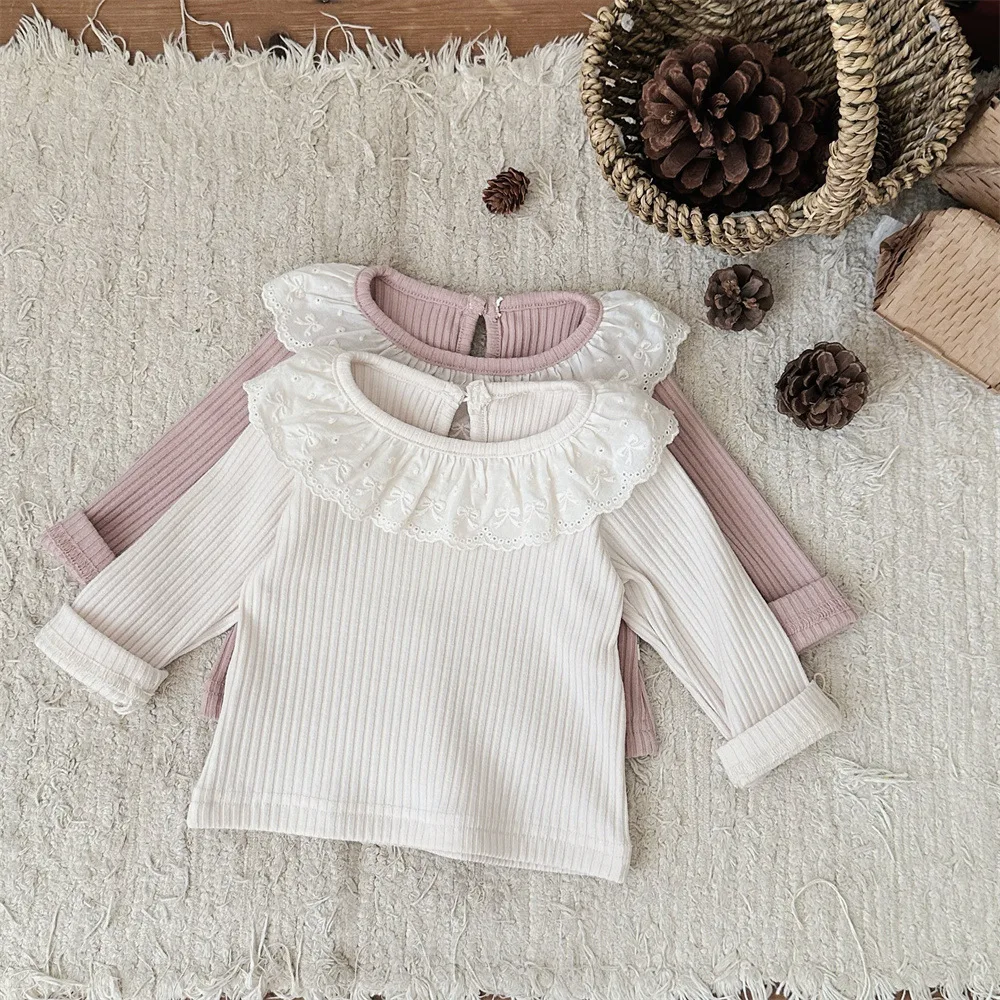 Baby Girls Long Sleeve Base Layer Top Ribbed Knit Lace Ruffle Collar Design Princess Inner Wear for Spring & Autumn