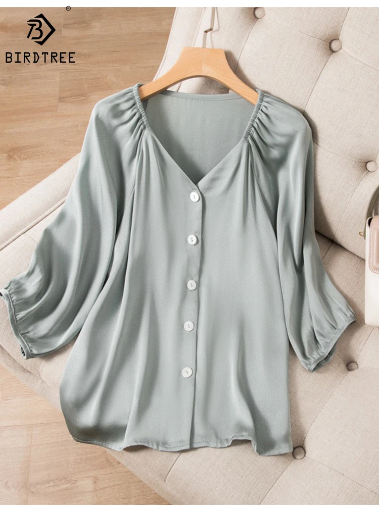 Birdtree 93%Mulberry Silk Summer Shirt Stretch Dark Jacquard Satin Cropped Sleeves V-neck Solid Color Commuter Blouse T38933QD