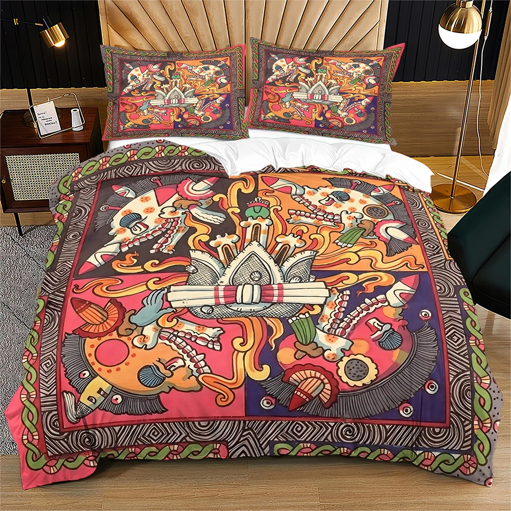 Mexican Sugar Skull Duvet Cover Set Boho Day of The Dead Bedding Set Colorful Tribal Skull Floral Geometric Border Quilt Cover
