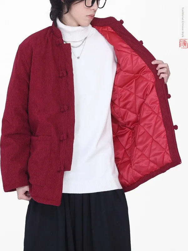 

New 2025 Chinese Sle Corduroy Jaet with Button Warmth Cotton Added Loose Fit Large Size Red Cotton Clothes Outerwear