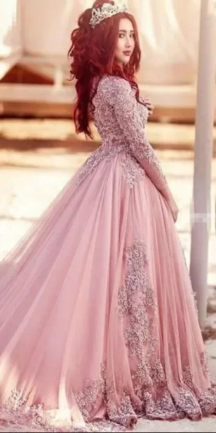 Robe de mariée musulmane à manches longues, encolure dégagée personnalisée, grande taille, rose blush, robes de patients A-ligne, train de balayage, princesse gonflée