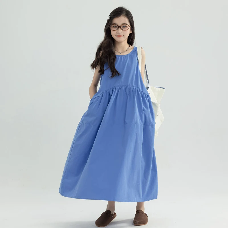 

Girls Casual Dresses Cotton Sleeveless High Waist Pleated A-Line Dress for Kids Girl Solid Loose Midi Vestidos with Pocket