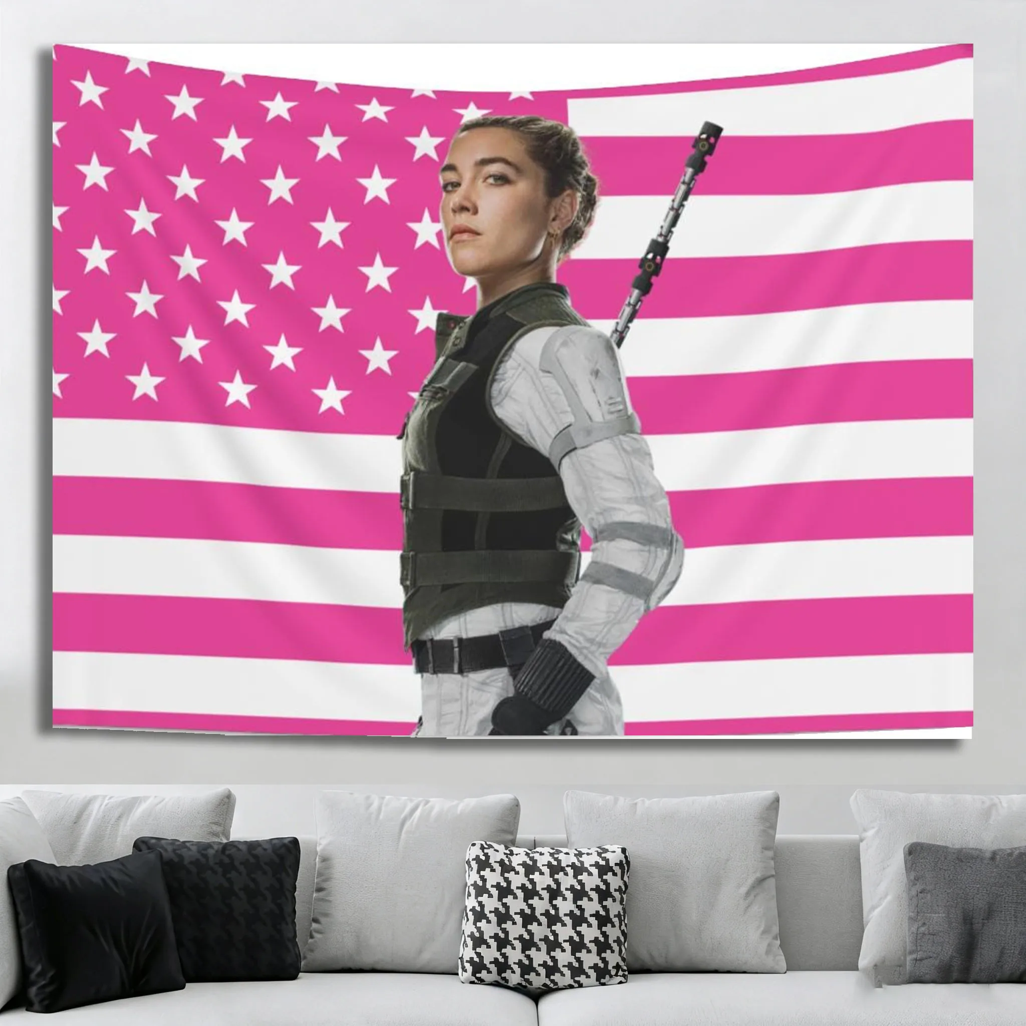 Yelena Indoor Wall Tapestries, Florence Pugh Pink Flag Tapestry Wall Decor for Bedroom,House,Room and Living Room Room
