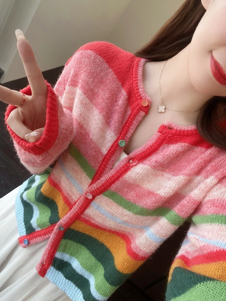 Soft Rainbow Striped Knitted Open Cardigan Long Sleeve Women's Top Trendy Lazy Style Early Autumn Fashionable Sweater Jacket