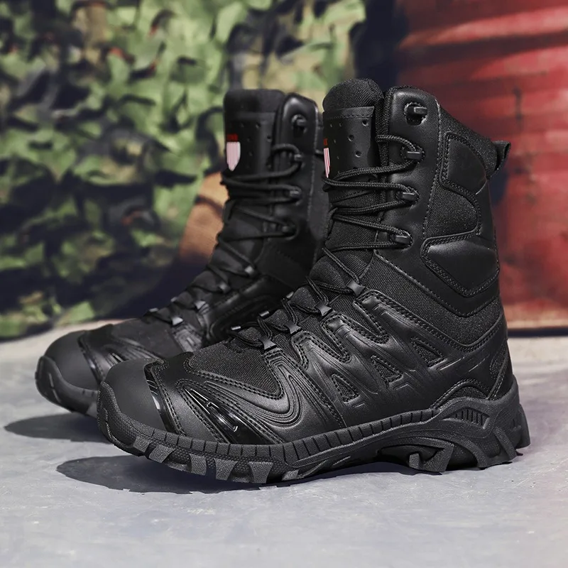 Men High Top Tactical Boots Reinforced Toe Cap Breathable Mesh Anti Slip Outdoor Hiking Training Boots Men Durable Field Boots