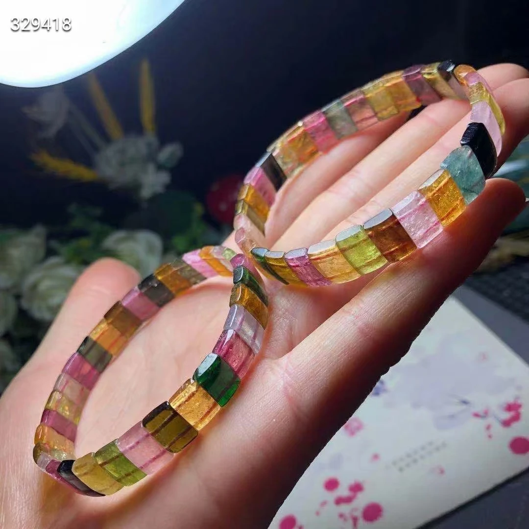 

Natural Colorful Tourmaline Clear Beads Bracelet Rectangle Beads 9*6mm Yellow Red Tourmaline Women Jewelry AAAAAAA
