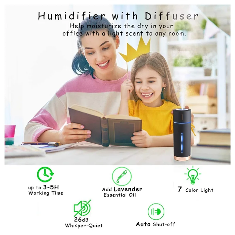 AA96 Umidificador pessoal de névoa fria USB Desktop Mini umidificador para quarto, escritório, viagem, carro, super silencioso, desligamento automático, preto