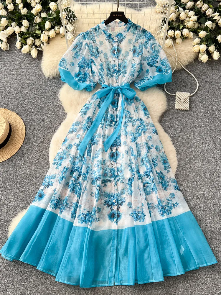 

2026 Early Spring New Retro Floral Dress Women Summer High Waist Lace Up A Line Long Dress Party Banquet Commute Vacation Dress