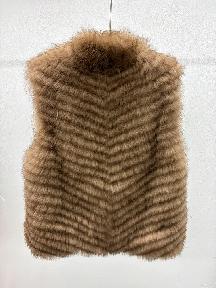 2026 New Autumn Winter Warm Natural Fox Fur Vest Coat Real Fur Strip Sewed Toghter Waistcoat Female Outwear Women Jacket