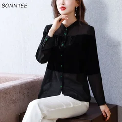 Blouses Women Chic Minimalist Comfortable Korean Style Tender Spring Temperament Single Breasted Sheer Elegant Hot Sale Female