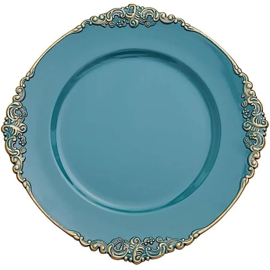 

24 pcs 13Inch Peacock Teal Round Charger Plates with Decorative Embossed Rim Dinner Wedding Reception Decorations Supplies