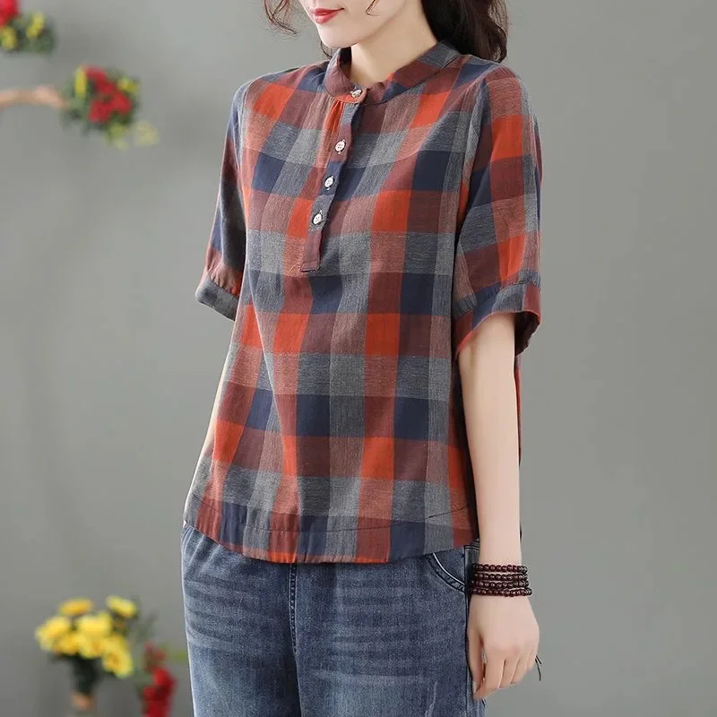 المرأة قصيرة الأكمام الوقوف طوق منقوشة البلوزات المطبوعة ، سيدة قمم نمط عارضة ، الربيع والصيف