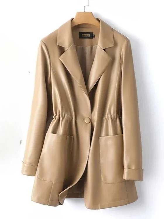 

Spring and Autumn Women's Leather Jacket Commuter Loose Tie Up Suit Collar Jacket