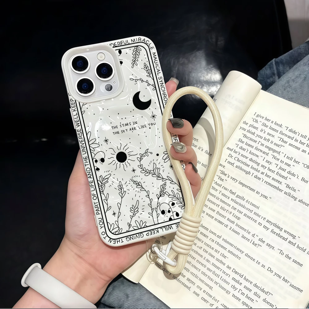 Retro-Muster Mond-Stern Falten-Silikon-Handyhülle für iPhone 17 15 13 11 12 14 16 17 Pro Max 14 15 Plus Air mit Lanyard-Abdeckung – Detail 2