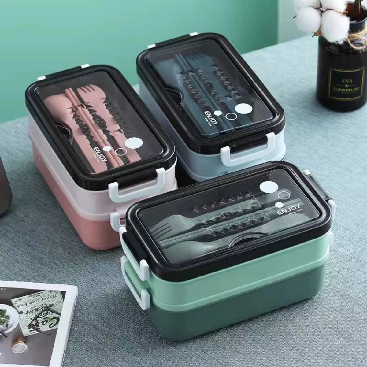 

1pc Double-layer Lunch Box Portable Compartment Food Box Microwave Lunch Box With Fork Chopsticks And Spoon Picnic Fresh