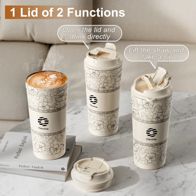 

500ml Stainless Steel Vacuum Flask Flower Coffee Mug Straw & Direct Drinking Double Wall Insulated Tumbler Portable Thermal Mug