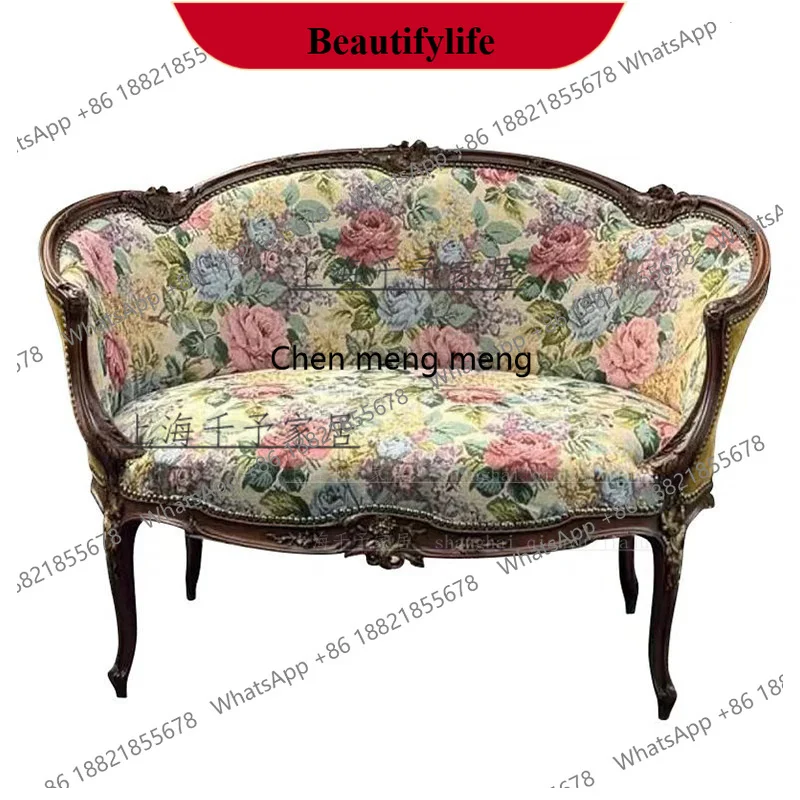 

z183 American retro carved solid wood sofa chair floral fabric living room sofa chair