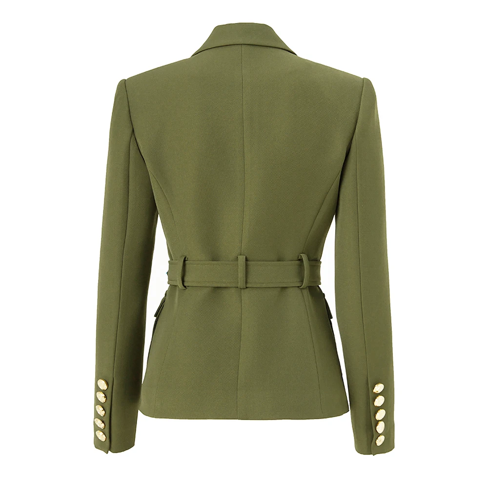 Spring Autumn Formal Work Lady Army Green Pockets Jackets with Metal Belt Super Shape Look Elegant Women Blazer