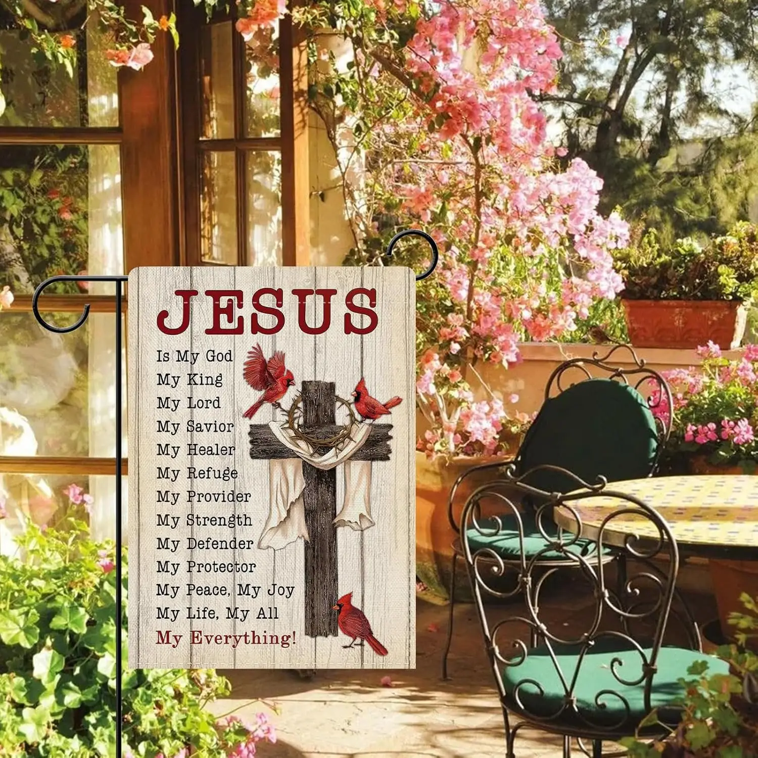 Dyrenson Christian Cross Cardinal Decorative Garden Flag, Religious Jesus is My God Red Birds Yard Outside Home Decorations, WWL