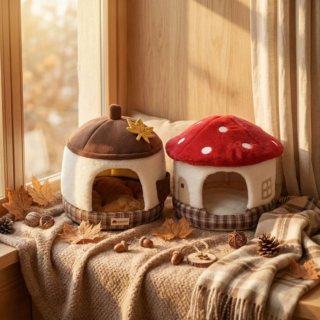 mushroom chestnut-themed semi-enclosed pet bed for dogs and cats, providing warmth in autumn and winter with ample space