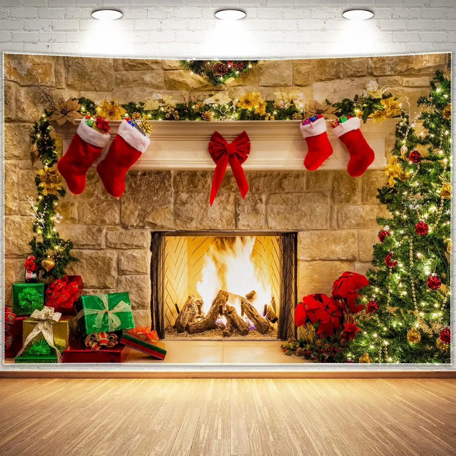 1-teiliger Polyester-Hintergrundstoff mit Weihnachtskamin-Thema, geeignet für Weihnachtsfeierdekoration und Fotografie