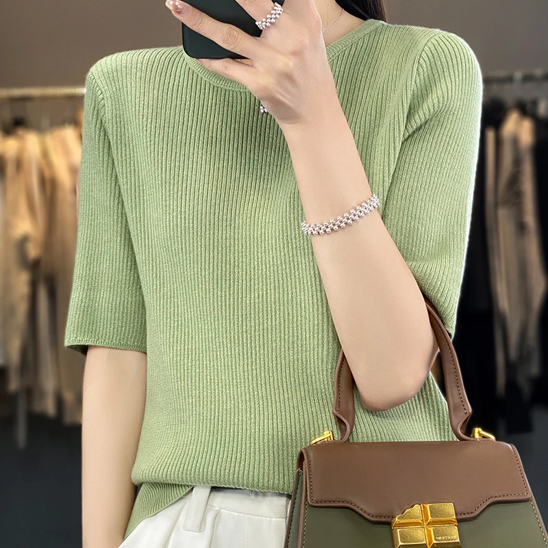 2024 New models Women High quality Knitted wool material sweater Quarter sleeves round neck Solid color Loose  pullover