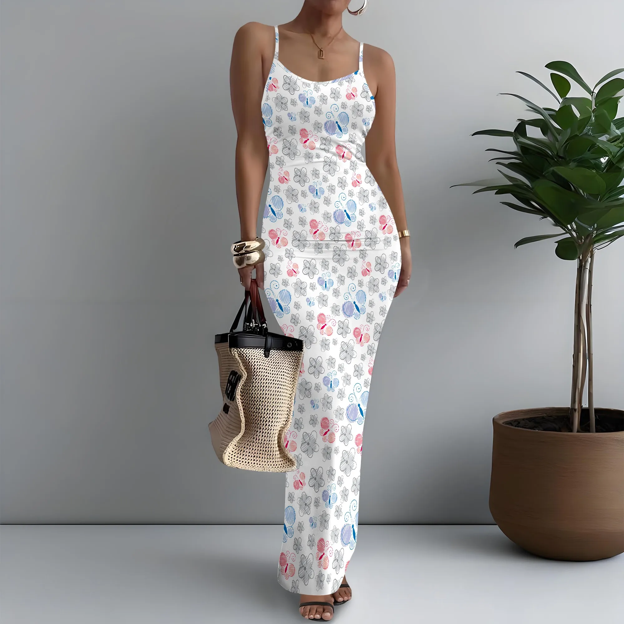 

Women's Spaghetti Strap Maxi Dress Edgy Cute Butterfly Print Fearless XS-3XL