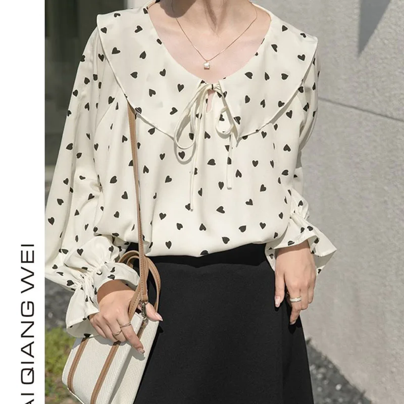 

Fashion Peter Pan Collar Bow Printed Flare Sleeve Blouse Female Clothing 2023 Autumn New Oversized Casual Tops Sweet Shirt