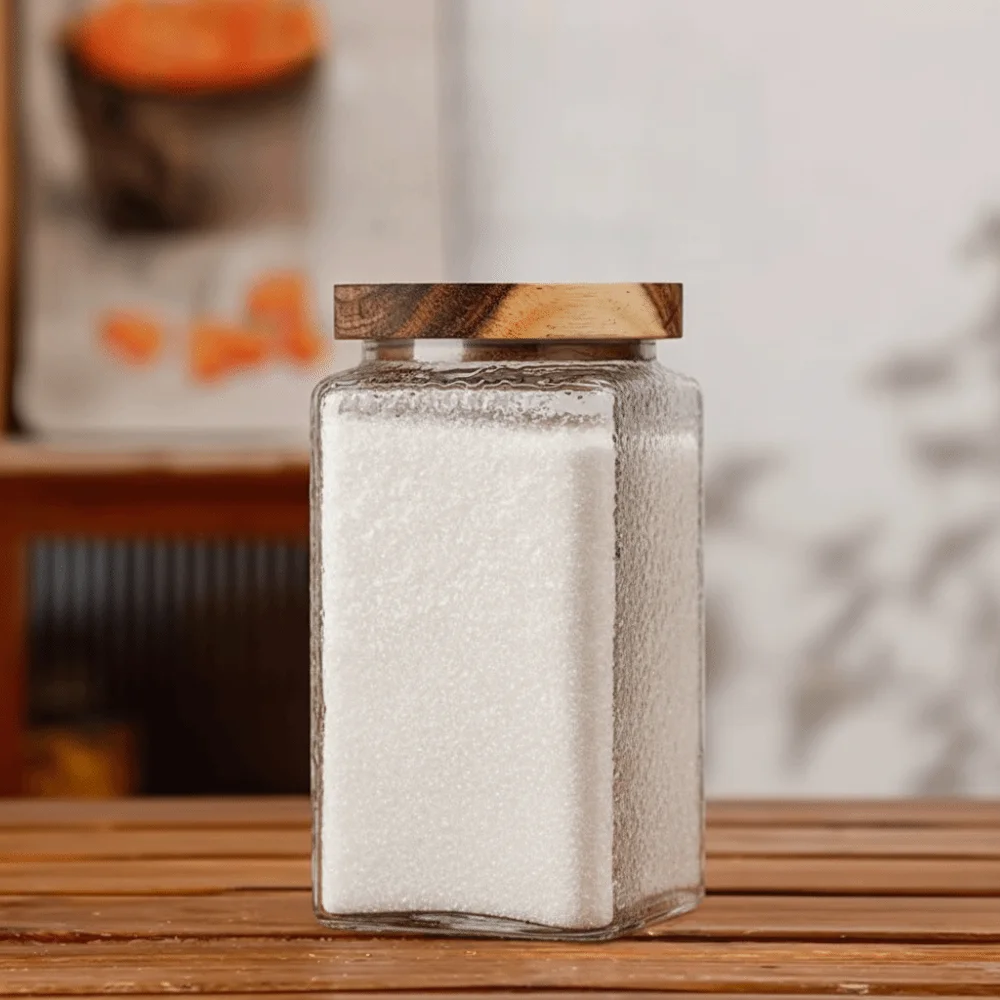 Vintage Embossed Glass Storage Jar Square Wood Lid Kitchen Glass Bottle Moisture-proof Transparent Mason Jar Candy