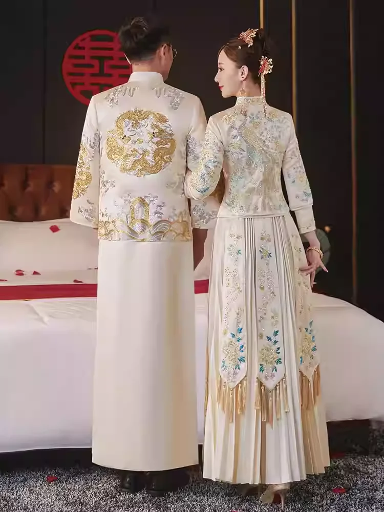 Vestido Xiuhe color champán, vestido de novia femenino, nuevo vestido de Boda China, kimono de talla grande, vestido tostado de verano 2024