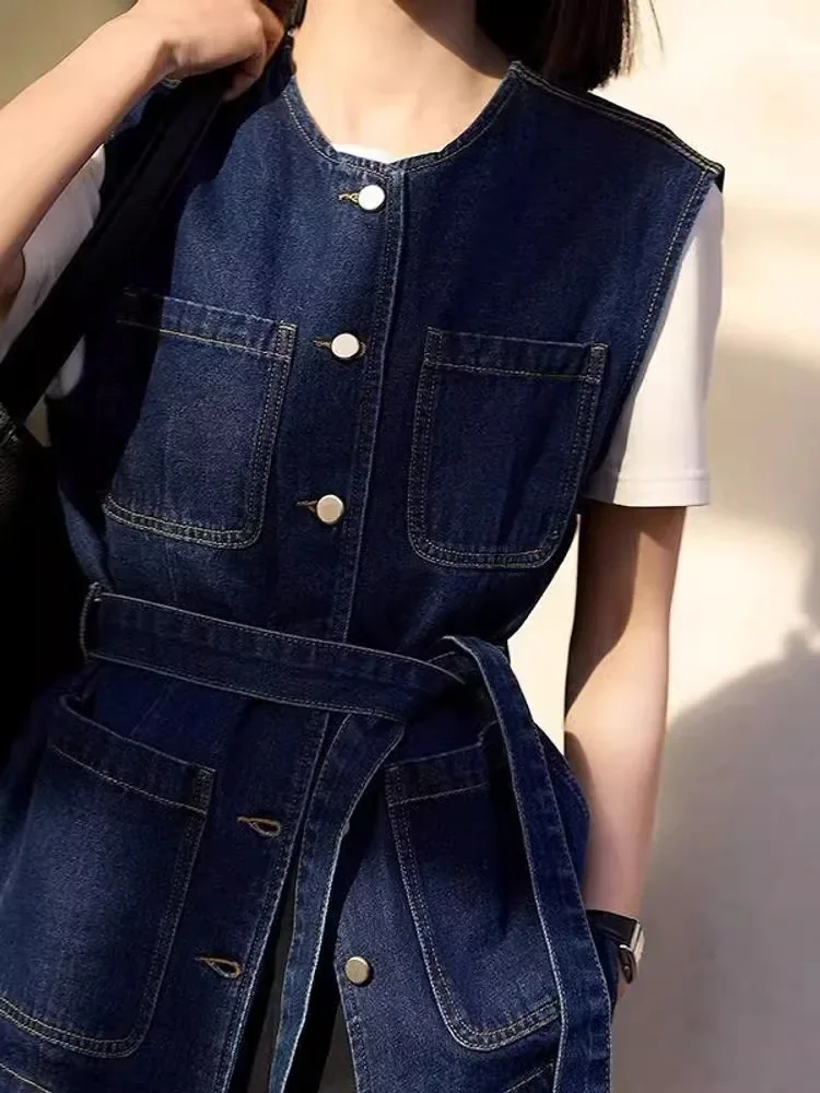 

Модный джинсовый жилет, женский весенний дизайн 2025 года, куртка с большой карманом и прямой трубкой на талии