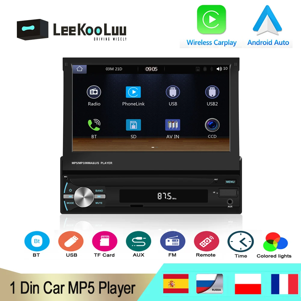 

LeeKooLuu 1Din Car Radio 7" Retractable Screen Multimedia Video Player Bluetooth Mirrorlink Wireless Carplay Android Auto No DVD