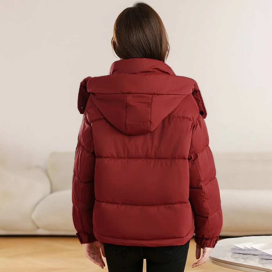 Short Winter Puffer Jacket Women Removable Hood Arm Badge Detail Side Zipper Pocket Loose Warm Casual Parka Coat Outerwear