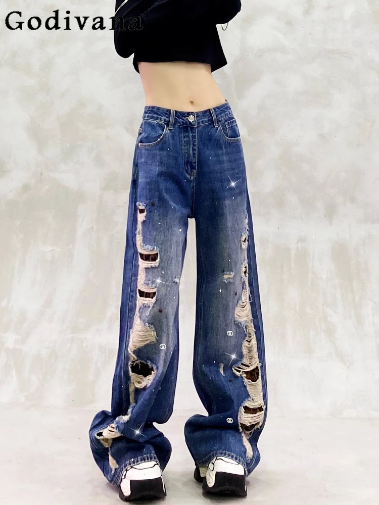 

Autumn New Loose Versatile Ripped Splicing Hot Diamond Jeans Girls High Waist Fashion Blue Leisure Straight Wide Leg Floor Pants