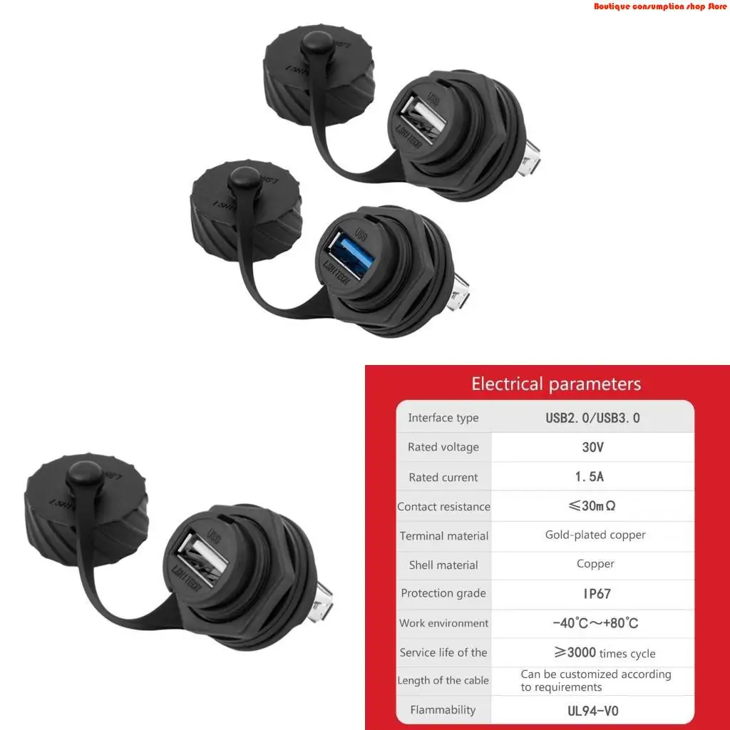 L9NA USB 2.0 Female Socket Plug Panel Mount Adapter Directly Waterproof IP67 Connector with Cap